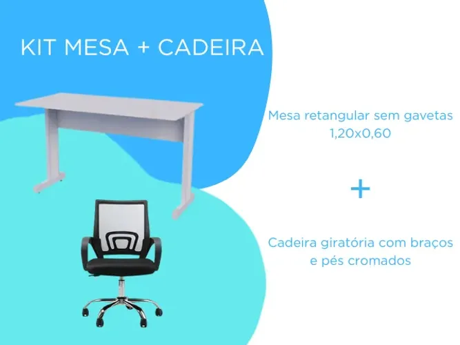 Kit Mesa retangular 1,20 s/ gavetas + Cadeira giratória com braços