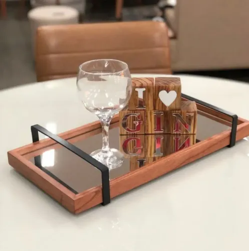 Bandeja Decorativa Laminada Marrom com Alça Preta
