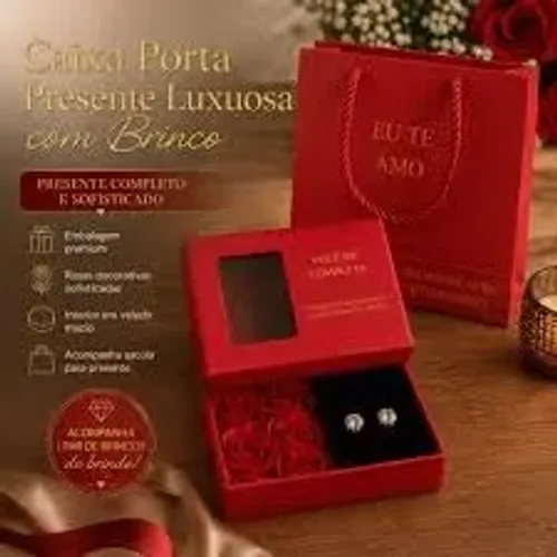 Caixa de Rosas com Brinco Coração Eu Te Amo em 100 Idiomas