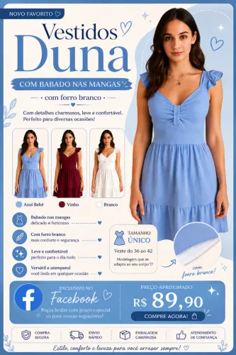 Vestidos Duna com Babado nas mangas, com forro branco.