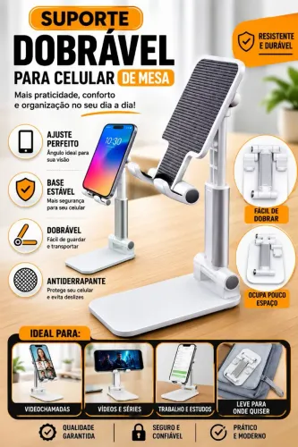 "Praticidade para a sua rotina: suporte dobrável e ajustável para celular!"