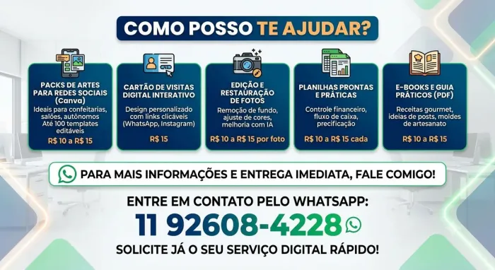Serviços Digitais Rápidos - Arte Canva, Cartão Digital, Planilhas e Fotos