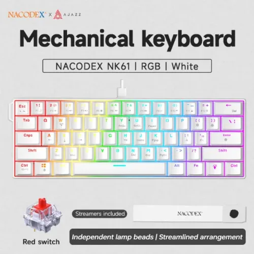 Teclado Mecânico AJAZZ NK61 Branco RGB Hot Swap 61 Teclas