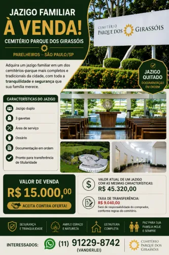 JAZIGO À VENDA - CEMITÉRIO PARQUE DOS GIRASSÓIS - PARELHEIROS/SP