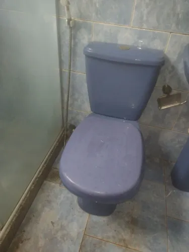 Vaso sanitário azul com caixa acoplada e pia com coluna