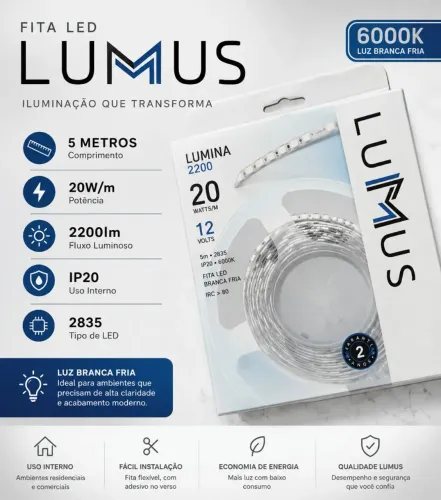 Fita Led Lumus 2835 20w/m 22001m 6000k 5m lp20