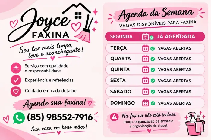 Faxina, pós obra, copeira de festas