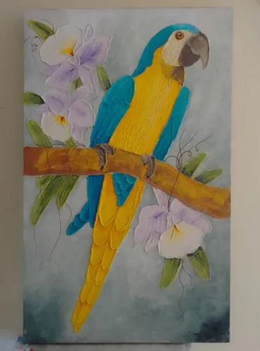 Quadro Tela Pintura Acrílica Alto Relevo Arara Canindé 50 x 80 cm