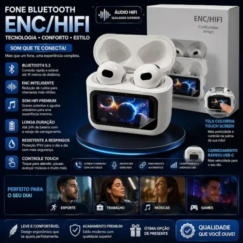 Fones De Ouvido com Tela Inteligente, Bluetoot