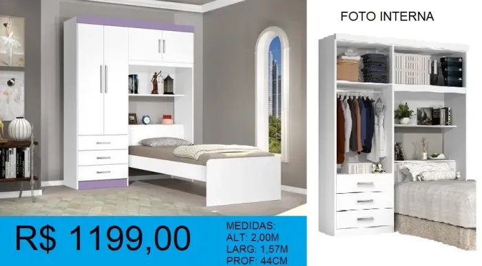 Guarda-Roupa Solteiro com Cama e Amplo Espaço Interno