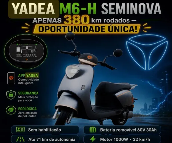 YADEA M6-H 1000W SEMINOVA 380KM - Sem CNH - Bateria Removível