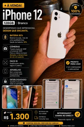 iPhone 12 - Branco ? ? Bateria trocada com: 92% ? Valor: R$ 1.300? 