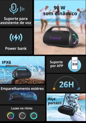 Tronsmart bang2, 90w mais de 20 horas de música.