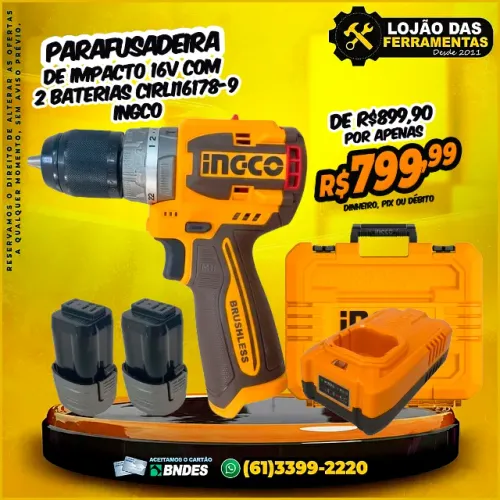 Parafusadeira De Impacto 16V Com 2 Baterias CIRLI16178-9 Ingco