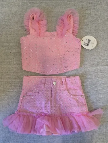 Conjunto Petit Cherie rosa com paetês e tule, tamanho 4, novo com etiqueta