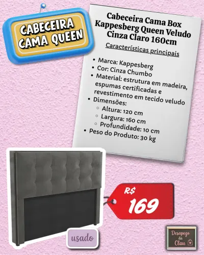 Cabeceira para Cama Queen - Veludo Cinza