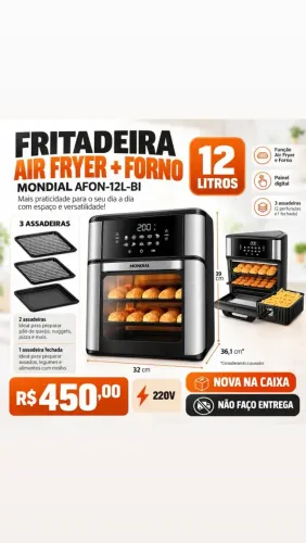 Fritadeira Elétrica Sem Óleo Air Fryer Oven 2 em 1 Mondial AFON-12L-BI 12L Digital 220 v 
