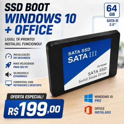 SSD 64GB SATA III + Windows 10 Pro + Office Instalados | Pronto para Usar | Ultra rápido