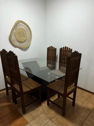 Mesa de Jantar Base X Madeira Maciça + Tampo Vidro Grosso + 6 Cadeiras Peroba Rosa