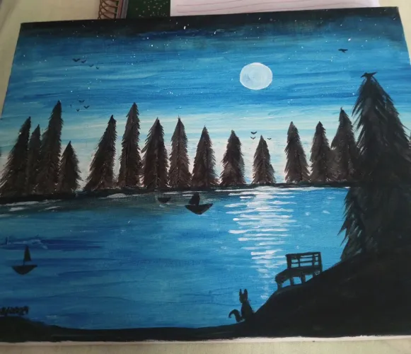 Pintura em tela anoitecer lua lago