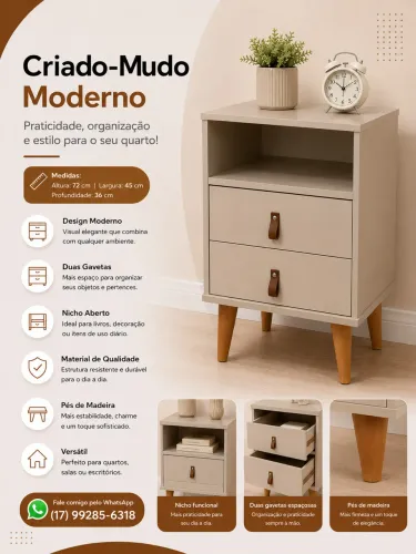 Criado-Mudo Moderno com 2 Gavetas - Elegância e Organização