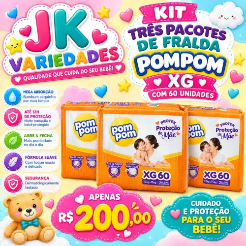 Kit três pacotes de Fraldas pompom Xg com 60 unidades cada