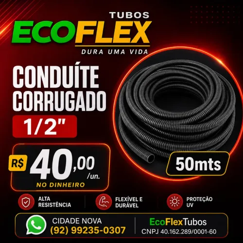CONDUITE CORRUGADO 1/2" Pol 50Mts Eletroduto Flexível PEAD Preto
