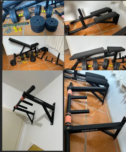 Halteres Anilha 40kg - Banco Regulável Reclinável - Barra Fixa Mista + Paralela Abdominal