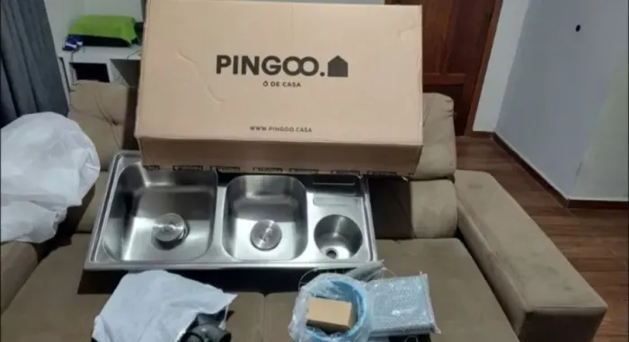 Cuba para cozinha pia dupla em aço inox com acessórios e lixeira Nukini PIngoo.casa Prata