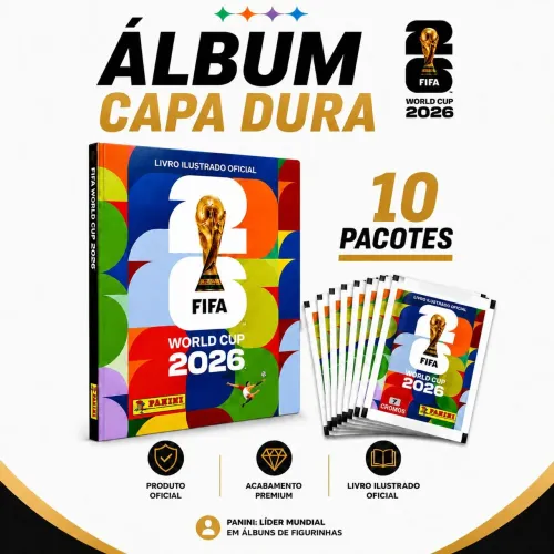 Álbum oficial Panini capa dura copa 2026 + 10 pacotinhos