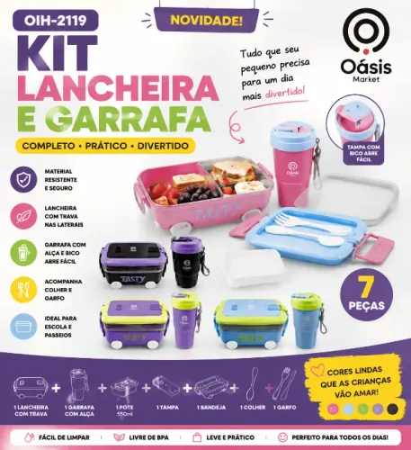 Kit Lancheira Infantil 7 Peças + Garrafa com Alça - Completo