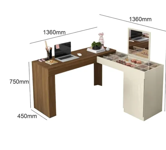 Escrivaninha em L com penteadeira star freijo off white