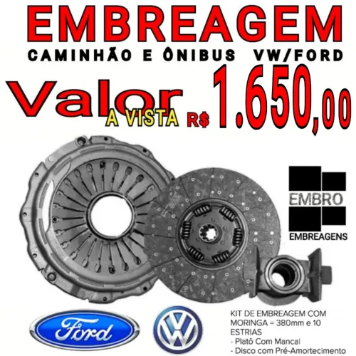 EMBREAGEM KIT PLATO , DISCO E ROLAMENTO DO CAMINHÃO VOLKS E FORD COM 380 MM DE DIÂMETRO 