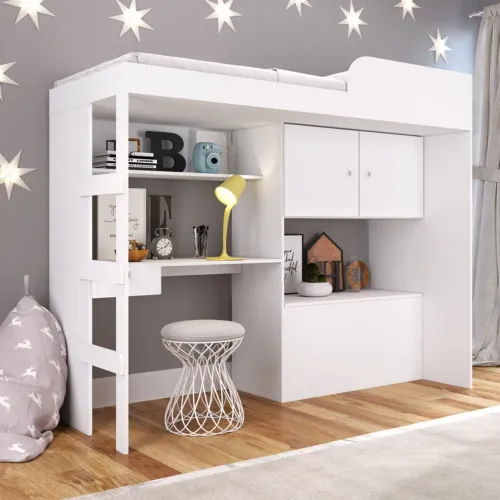 Cama Alta Infantil/Juvenil com Escrivaninha, Armário e Colchão