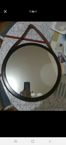 Espelho redondo com alça em couro marrom Novo. TokStok<br>30cm diâmetro.<br>Tok Stok