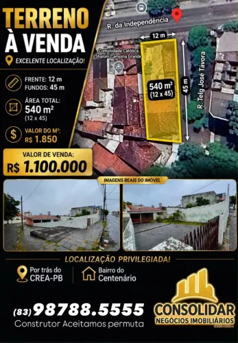 Terreno de Esquina 540m² no Centenário - Excelente Localização | Campina Grande