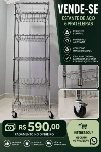 Estante Inox 6 Prateleiras com Rodinhas. Novíssima.