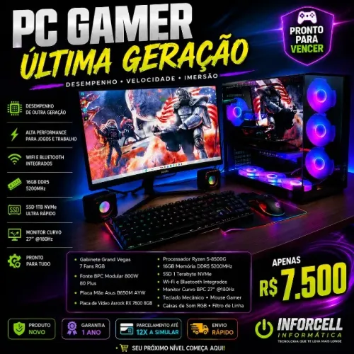Pc Gamer Ryzen 5-8500G RX7600 8gb Ssd 1Tb NVMe 16gb Ram Ddr5 Tela Curva 27 180Hz