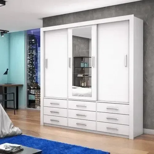Guarda Roupa Casal 3 Portas 9 Gavetas com Espelho Rael