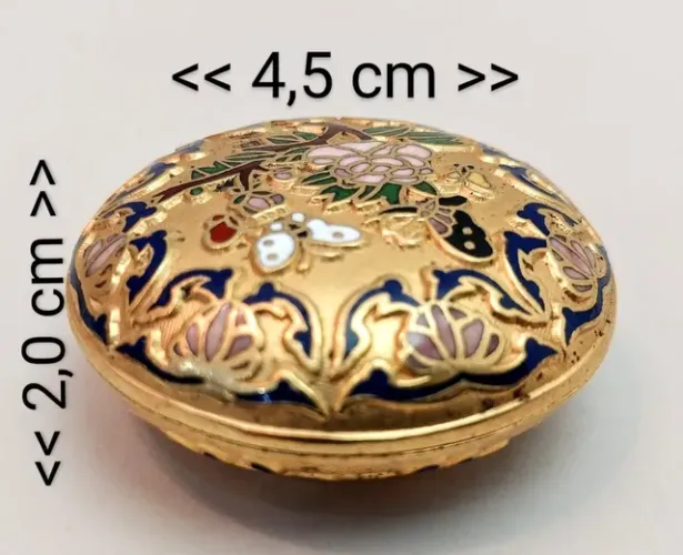 Mini caixinha, redonda em Cloisonee 4,5 cm diâmetro, metal Dourado e Cloisonne