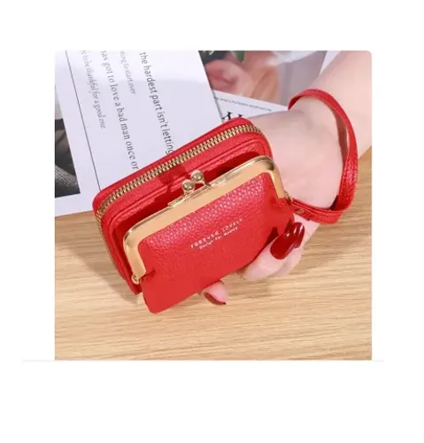 Carteira vermelha feminina para moedas, grande capacidade, alça de pulso, espaço cédulas