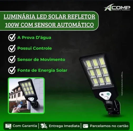 Luminária LED Solar Refletor 100W com Sensor Automático