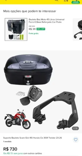 Kit Baú Moto Givi Simply Nt Monolock + Bagageiro Scam Twister 300f + Capacete San Marino