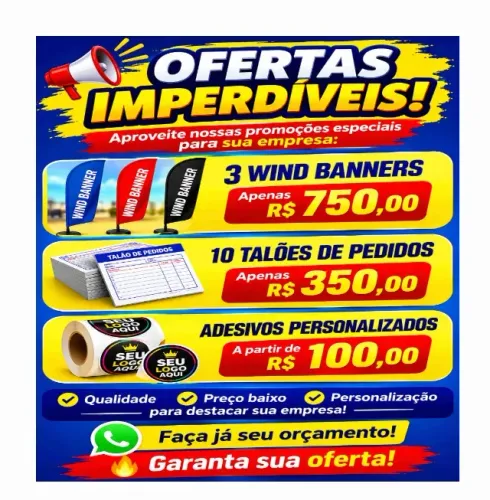 Ofertas imperdíveis: 3 wind banners, 10 talões 15x21 cm , Adesivos personalizados