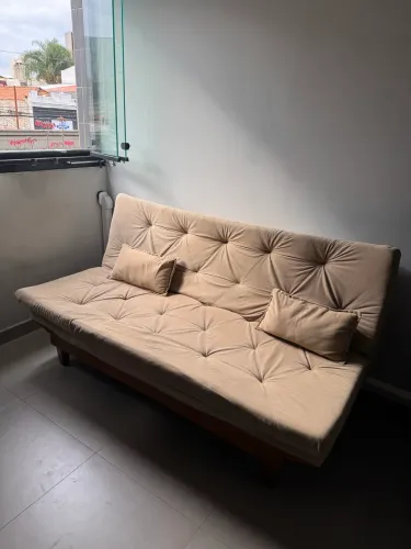 Sofa Cama Caribe 3 Lugares Reclinavel Base Em Madeira Tecido Suede Bege