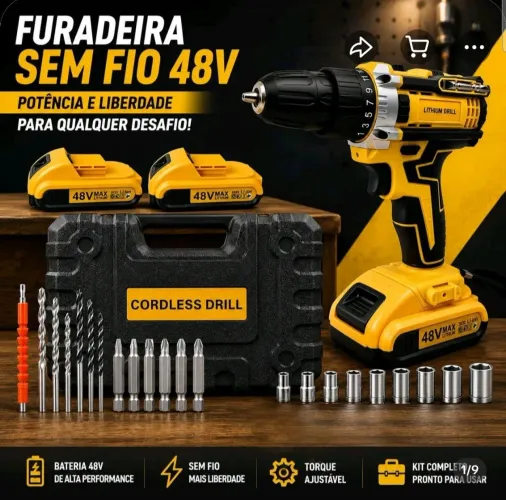 Furadeira/Parafusadeira s/fio 48v, com acessórios, 2 baterias e carregador(NOVA)