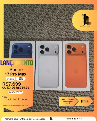 IPHONE 17 PRO MAX, 256GB, CHIP ESIM, LACRADO, LANÇAMENTO!