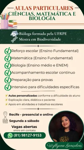 Reforço escolar e aulas particulares de biologia e matemática| Professora com Mestrado