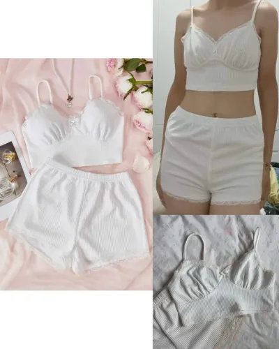 Conjunto de Pijama branco renda canelada lingerie alça ajustável