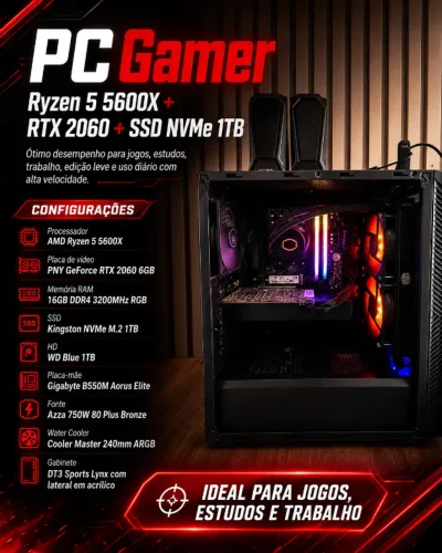 PC Gamer Ryzen 5 5600X + RTX 2060 + SSD NVMe 1TB